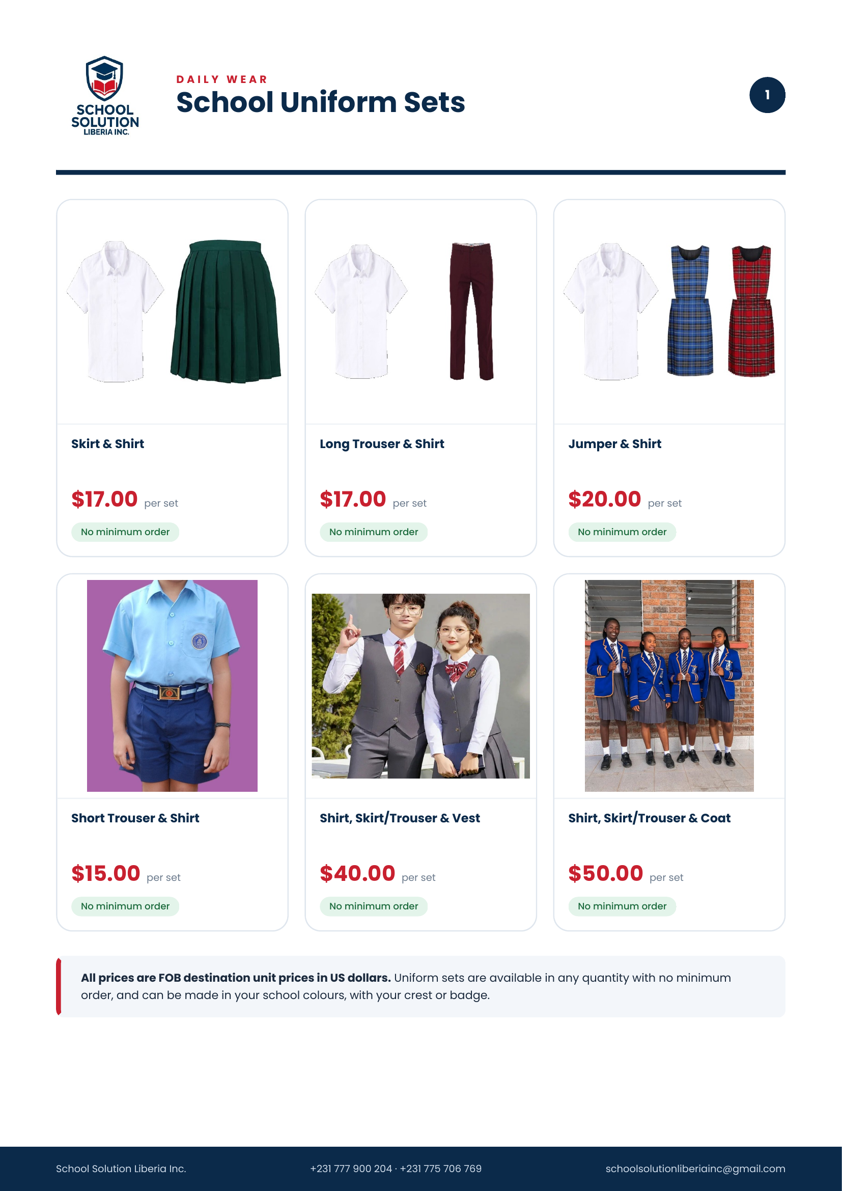 School uniform sets with prices per set