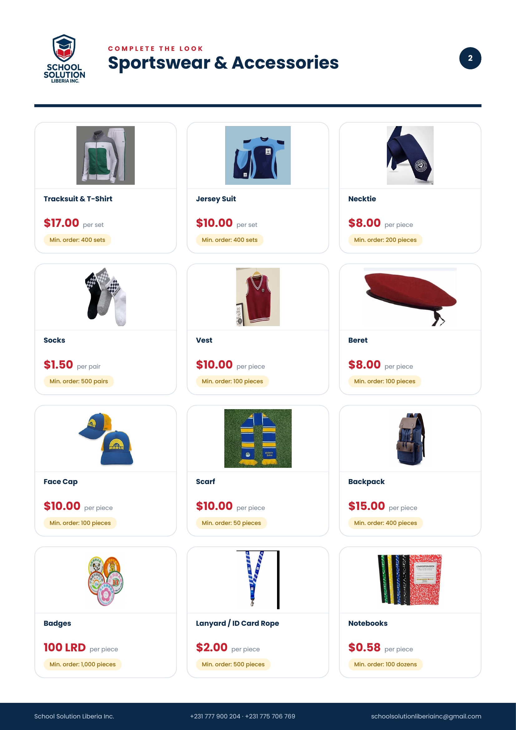 Sportswear and accessories with prices and minimum order quantities