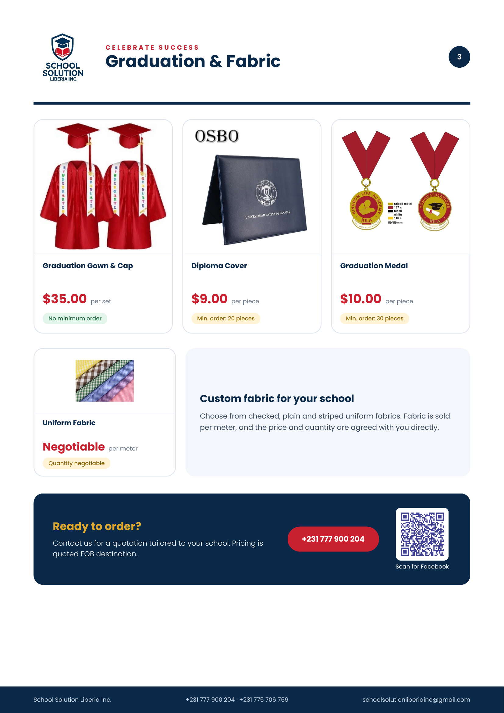 Graduation gowns, diploma covers, medals and uniform fabric with prices
